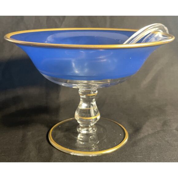 Vintage Clear and Blue Compote Pedestal Bowl and Ladle Gold Trimmed - Picture 1 of 9